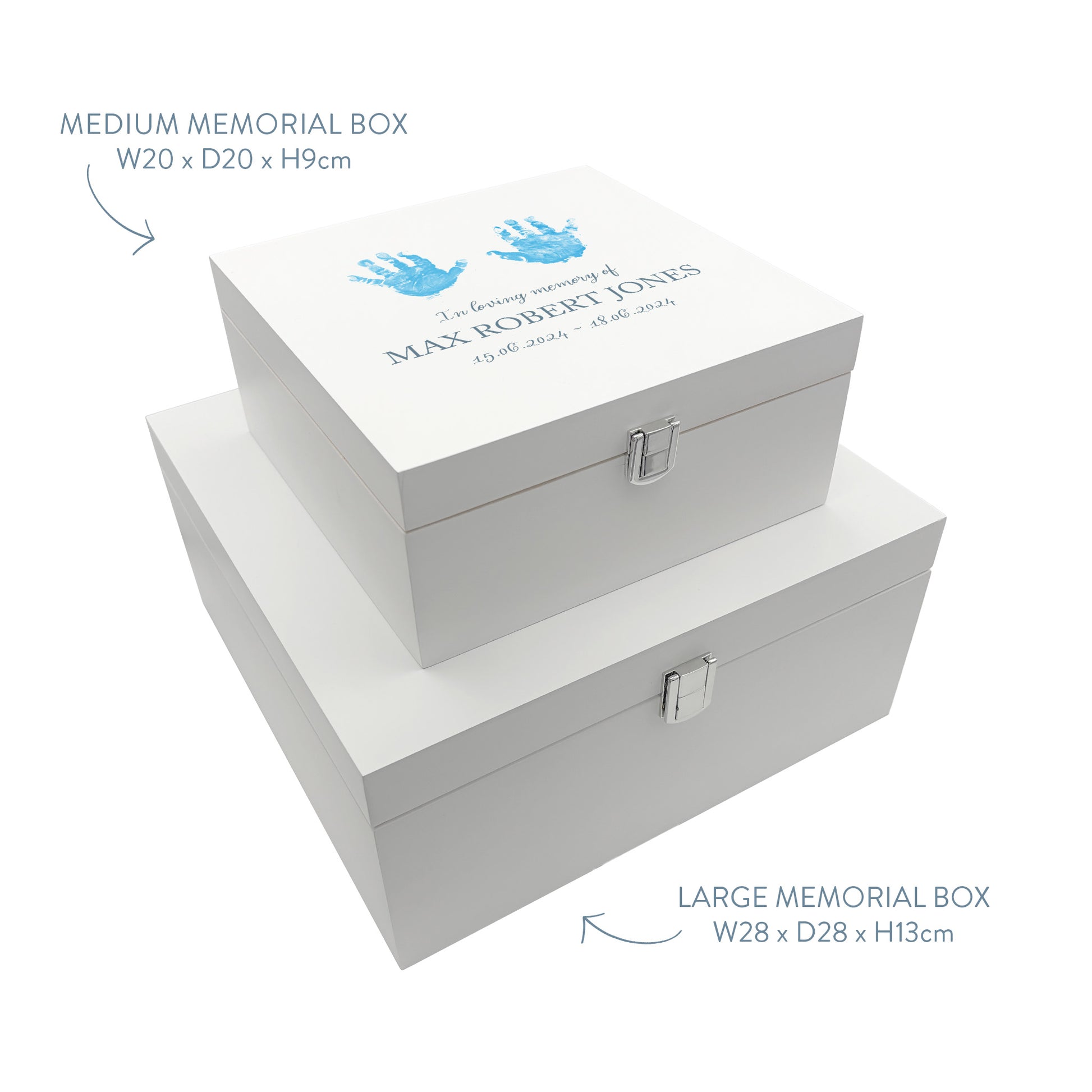 White Square personalised Wooden box with a decorative lid featuring illustrations of children's and baby hand and foot prints. Customisable for the customer to personalise with their own handprints, Perfect funeral memory keepsake box, for storing ashes, order of service, flowers and capturing your loved ones things in one place. 