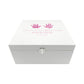 White Square personalised Wooden box with a decorative lid featuring illustrations of children's and baby hand and foot prints. Customisable for the customer to personalise with their own handprints, Perfect funeral memory keepsake box, for storing ashes, order of service, flowers and capturing your loved ones things in one place. 