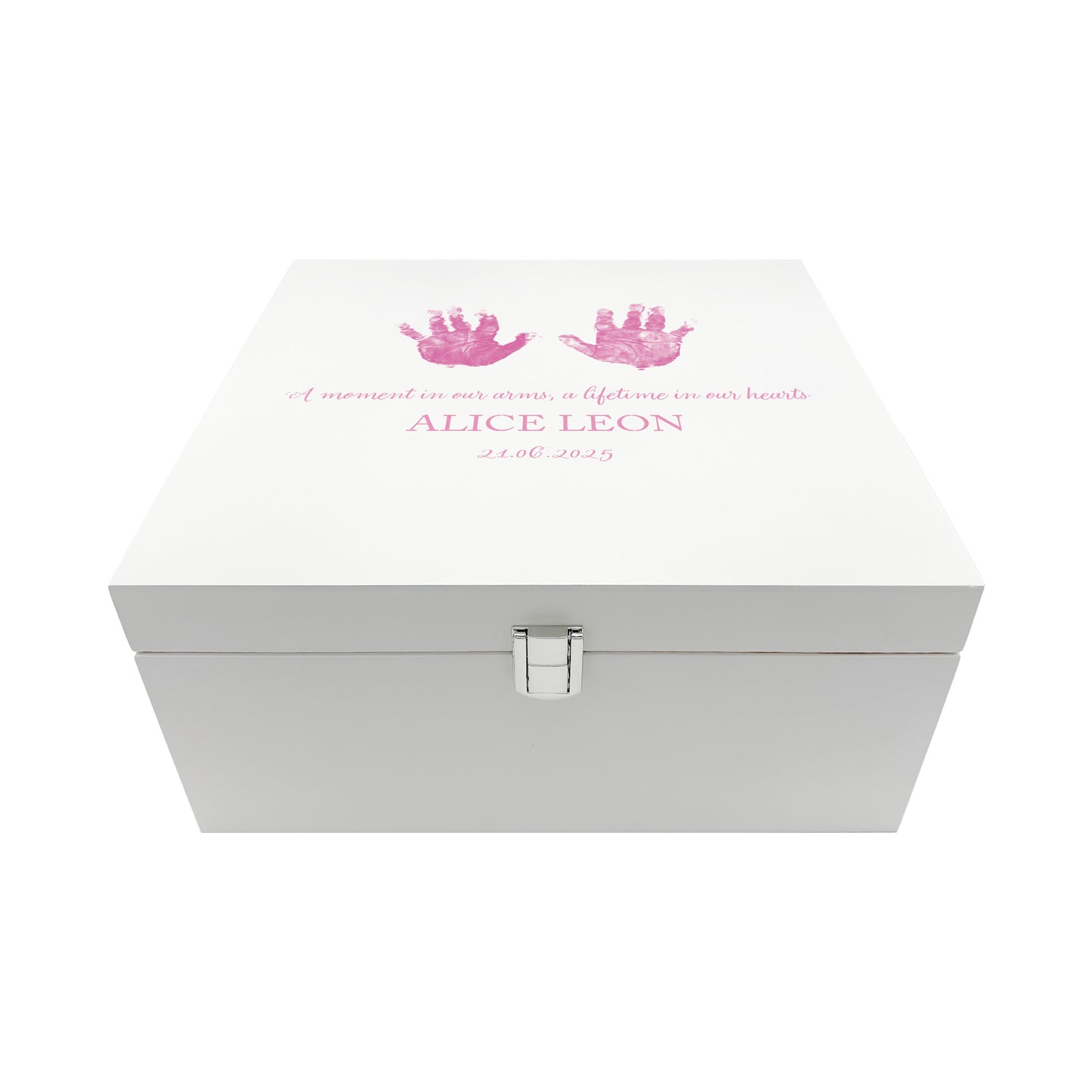 White Square personalised Wooden box with a decorative lid featuring illustrations of children's and baby hand and foot prints. Customisable for the customer to personalise with their own handprints, Perfect funeral memory keepsake box, for storing ashes, order of service, flowers and capturing your loved ones things in one place. 