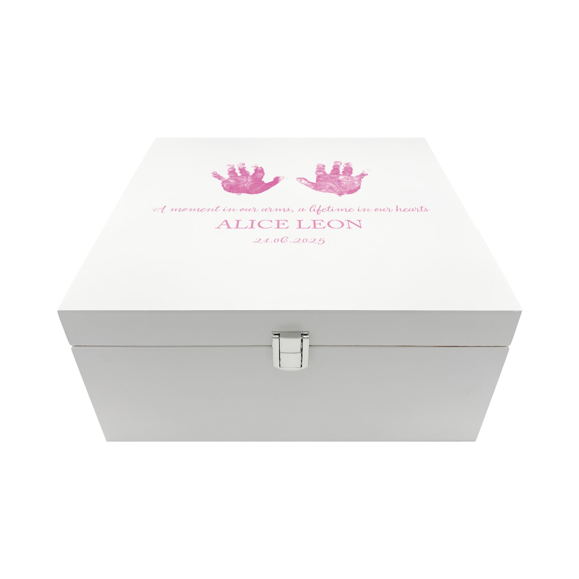 White Square personalised Wooden box with a decorative lid featuring illustrations of children's and baby hand and foot prints. Customisable for the customer to personalise with their own handprints, Perfect funeral memory keepsake box, for storing ashes, order of service, flowers and capturing your loved ones things in one place. 