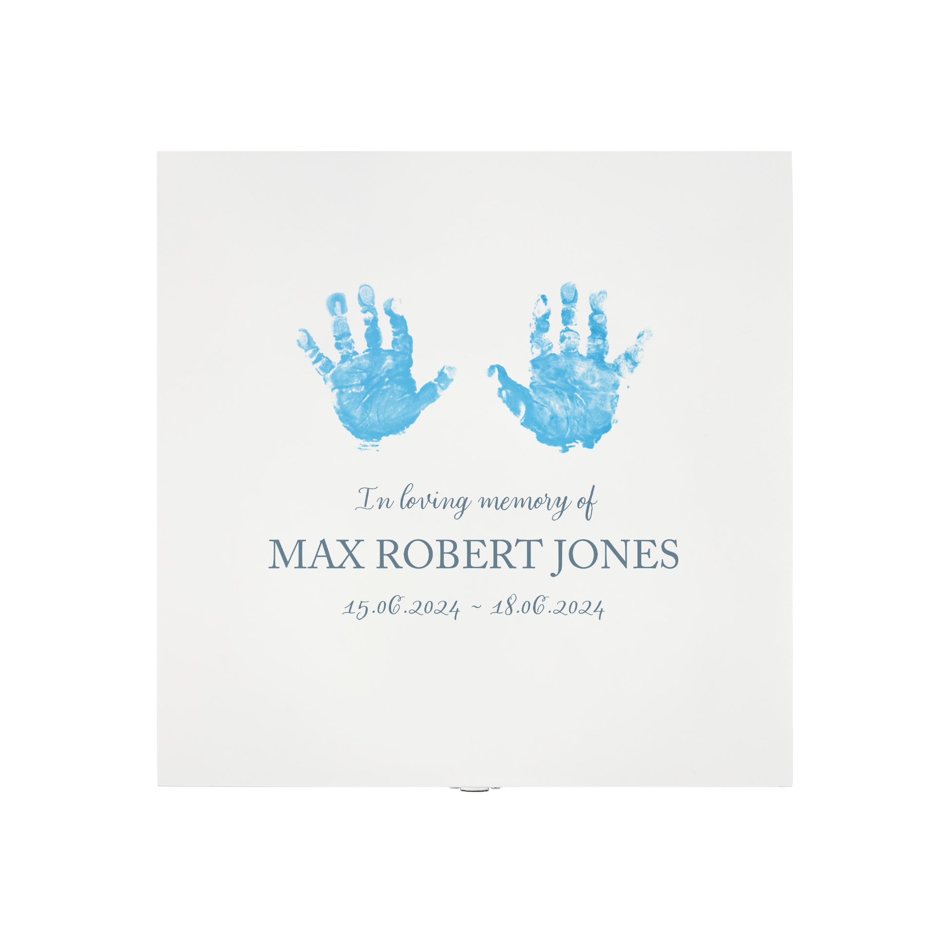 White Square personalised Wooden box with a decorative lid featuring illustrations of children's and baby hand and foot prints. Customisable for the customer to personalise with their own handprints, Perfect funeral memory keepsake box, for storing ashes, order of service, flowers and capturing your loved ones things in one place. 