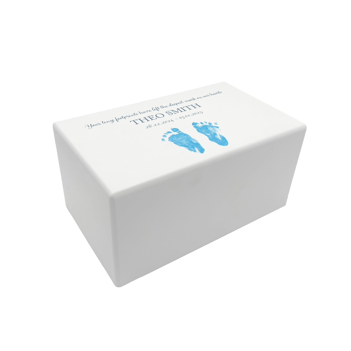 A beautifully crafted solid wooden urn, finished in white with a soft watercolour design of baby's handprints and footprints, Thoughtfully made for either display or burial, this personalised urn can be customised to create a meaningful memorial. Perfect for holding ashes of a loved one or a beloved pet, it serves as a comforting tribute and keepsake. Helping with baby loss