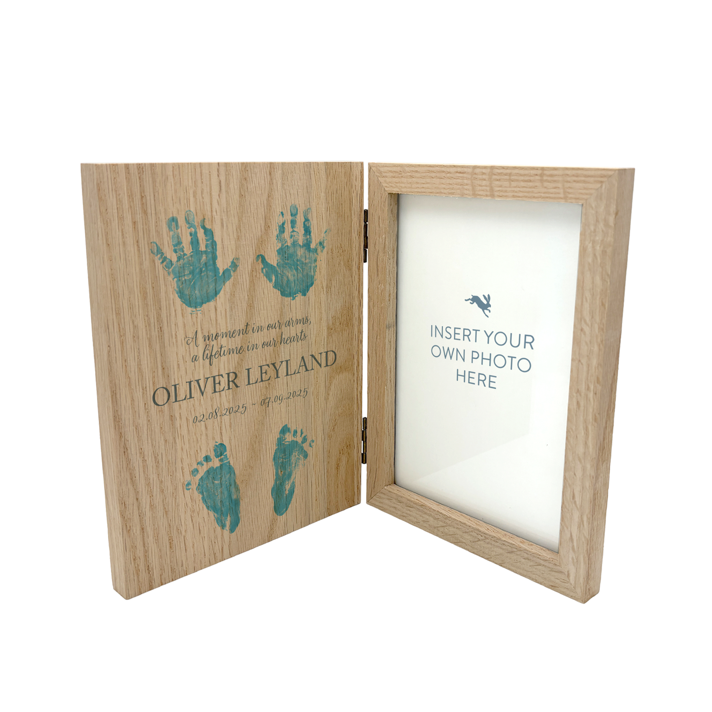 Memorial Solid Oak Photo Frame, personalise with your own message or select from our drop down selection. handmade watercolour paintings, this design features child/Baby hand and footprints , available in various colours- Copy with baby loss 