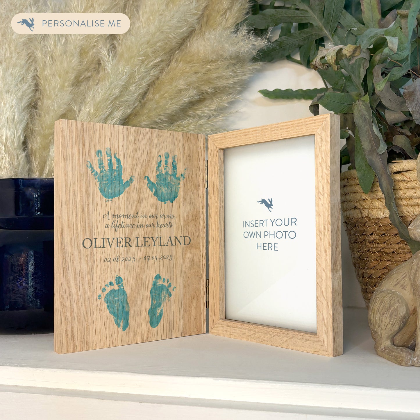 Memorial Solid Oak Photo Frame, personalise with your own message or select from our drop down selection. handmade watercolour paintings, this design features child/Baby hand and footprints , available in various colours- Copy with baby loss 
