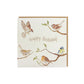 A greetings card reading Happy Birthday in brown text surrounded by garden birds on branches in a watercolour style. The card has a recyclable brown kraft envelope behind it.