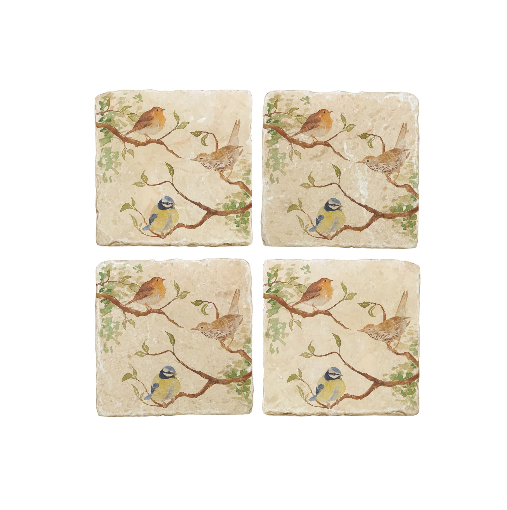 A set of 4 square marble coasters, featuring a watercolour design of British garden birds in the hedgerow around a paddock gate.