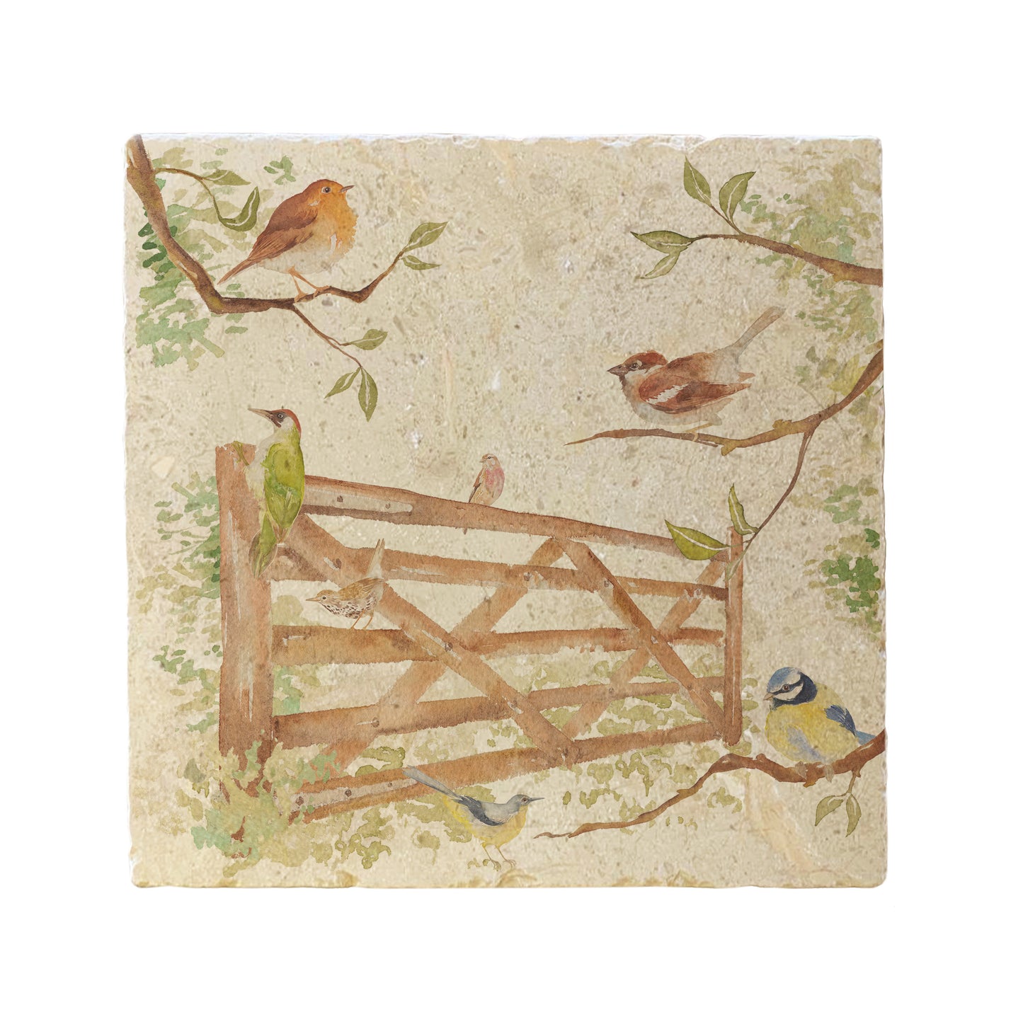 A large square cream multipurpose marble platter, featuring a watercolour design of British garden birds in the hedgerow around the paddock gate.