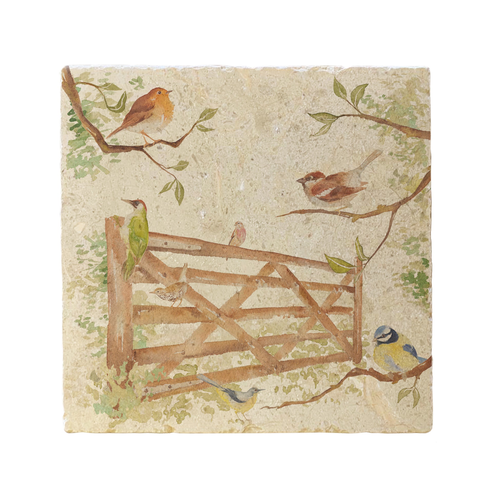 A handmade square cream marble splashback tile featuring a watercolour countryside animal design of garden birds surrounding a paddock gate.