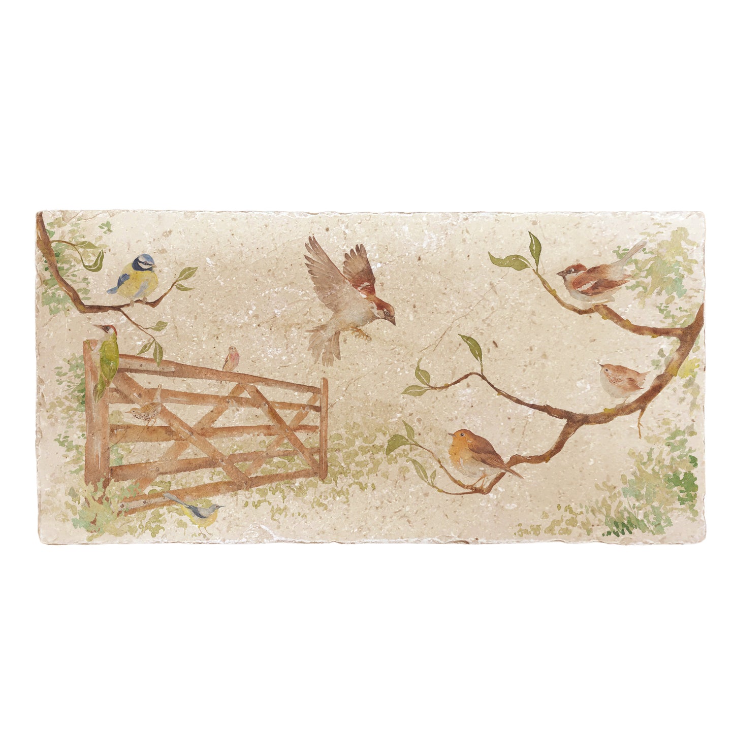 A handmade rectangle cream marble splashback tile featuring a watercolour countryside animal design  of garden birds surrounding a paddock gate.