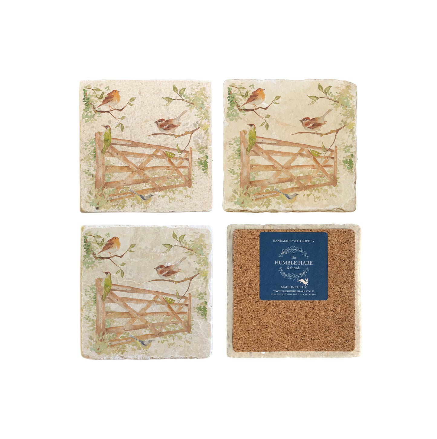 A set of four square marble coasters, featuring a watercolour design of British garden birds in the hedgerow around the paddock gate. One coaster is flipped to show that the coasters are backed with cork.