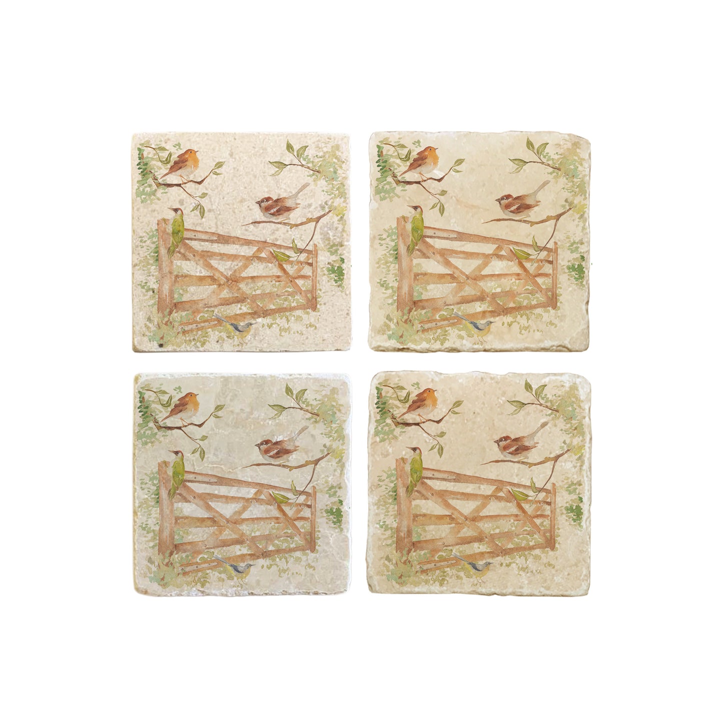 A set of 4 square marble coasters, featuring a watercolour design of British garden birds in the hedgerow around a paddock gate.