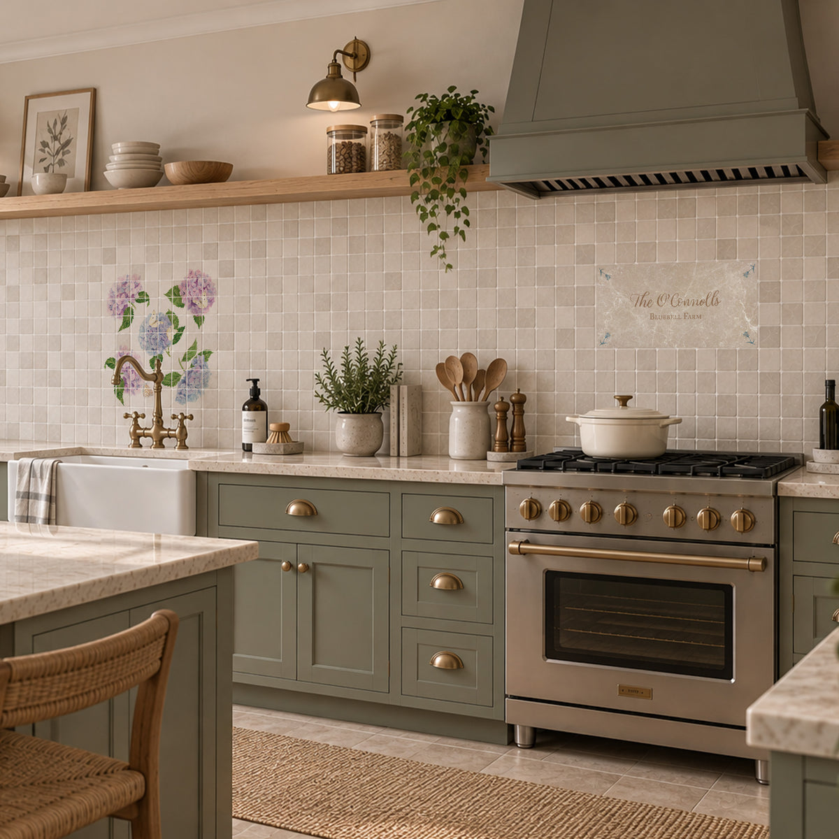 Delicate Harebell design wall tile, used as kitchen splashback. unique personalised kitchen tile. 