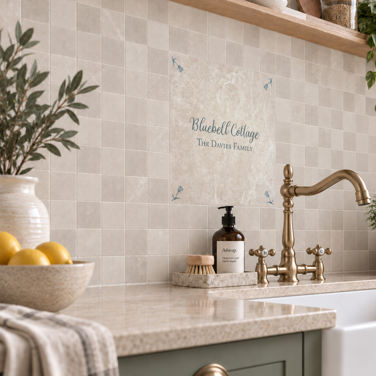 Delicate Harebell design wall tile, used as kitchen splashback. unique personalised kitchen tile. 