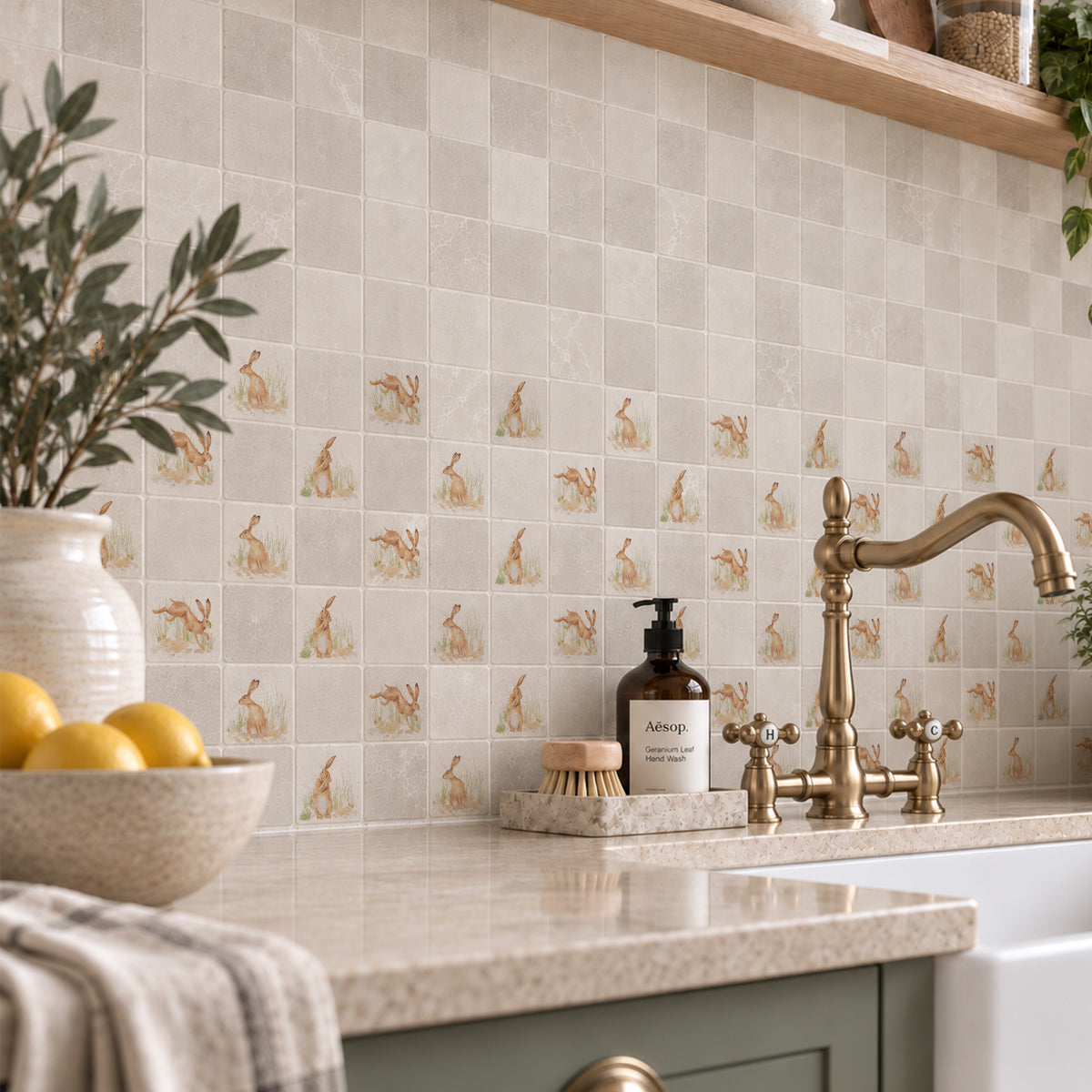 Watercolour Hare artwork across a mosaic splashback.