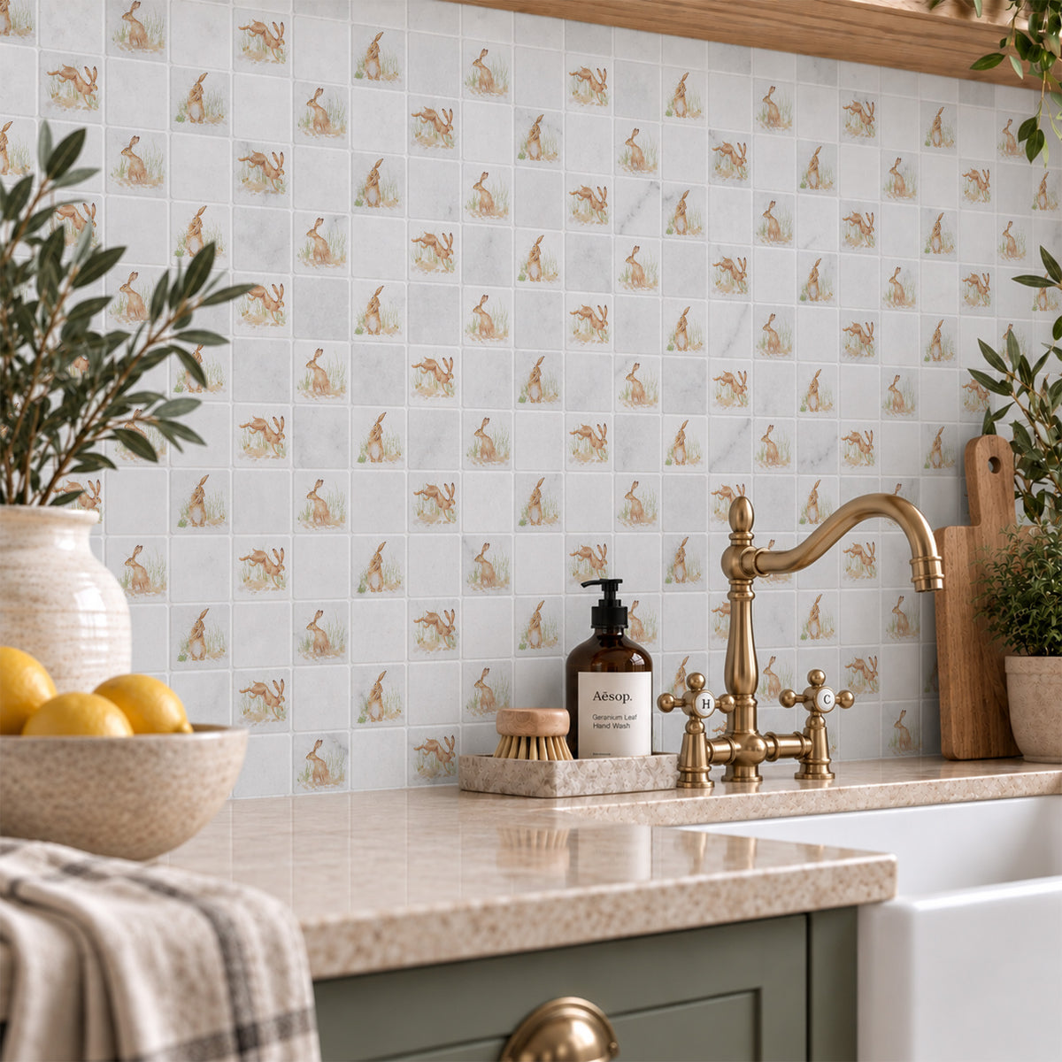 Watercolour Hare artwork across a mosaic splashback.
