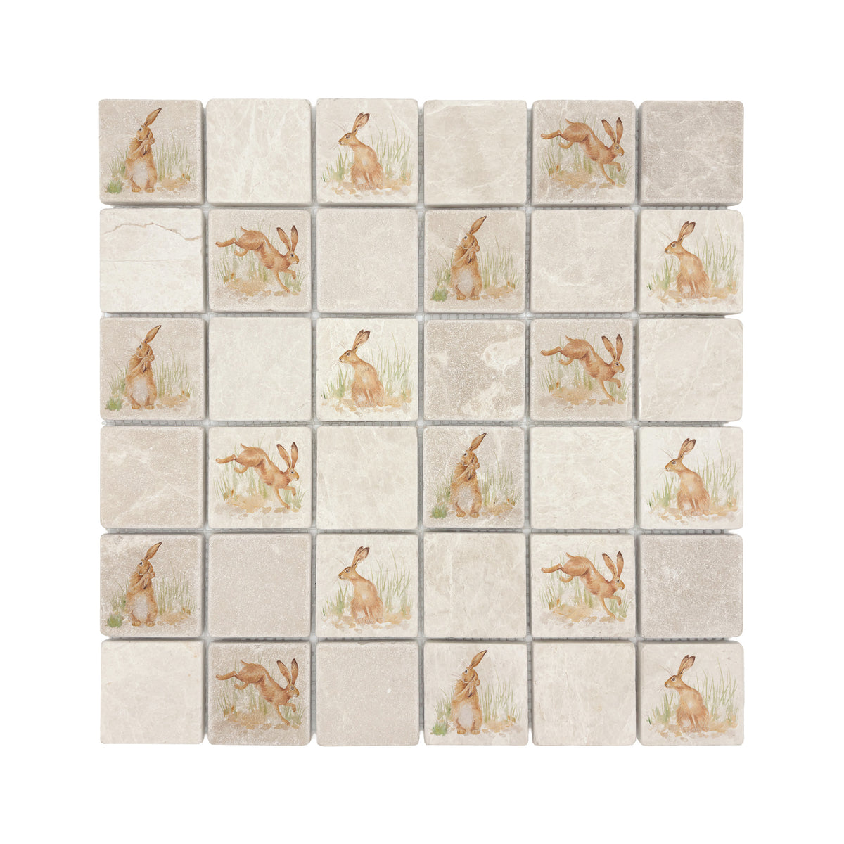 Watercolour Hare artwork across a mosaic splashback.