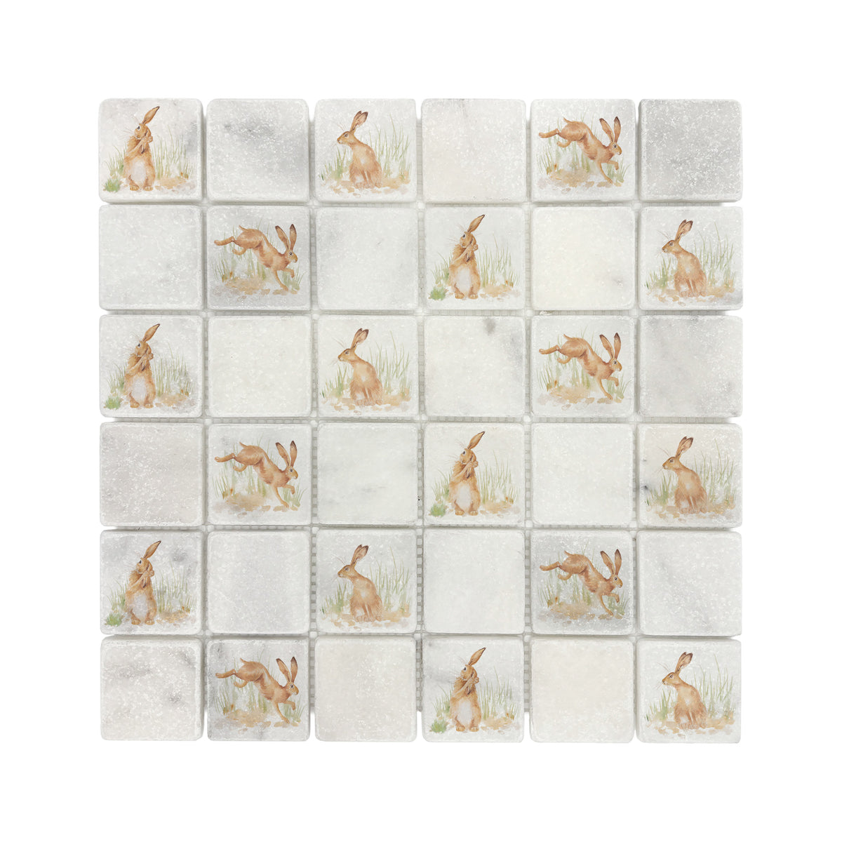 Watercolour Hare artwork across a mosaic splashback.