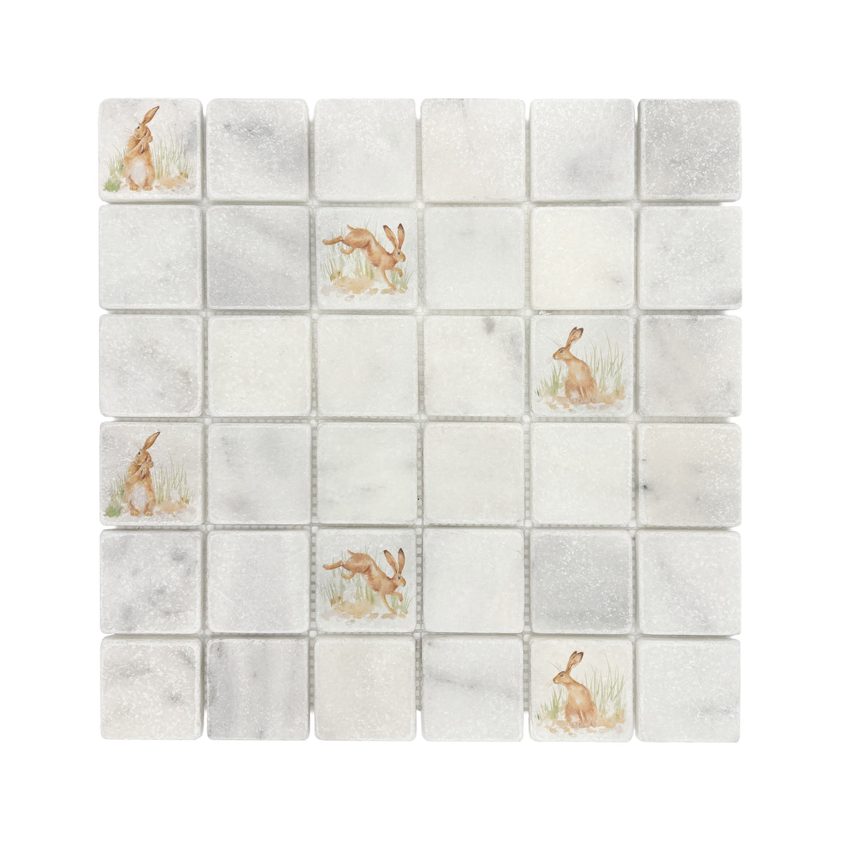 Watercolour Hare artwork across a mosaic splashback.