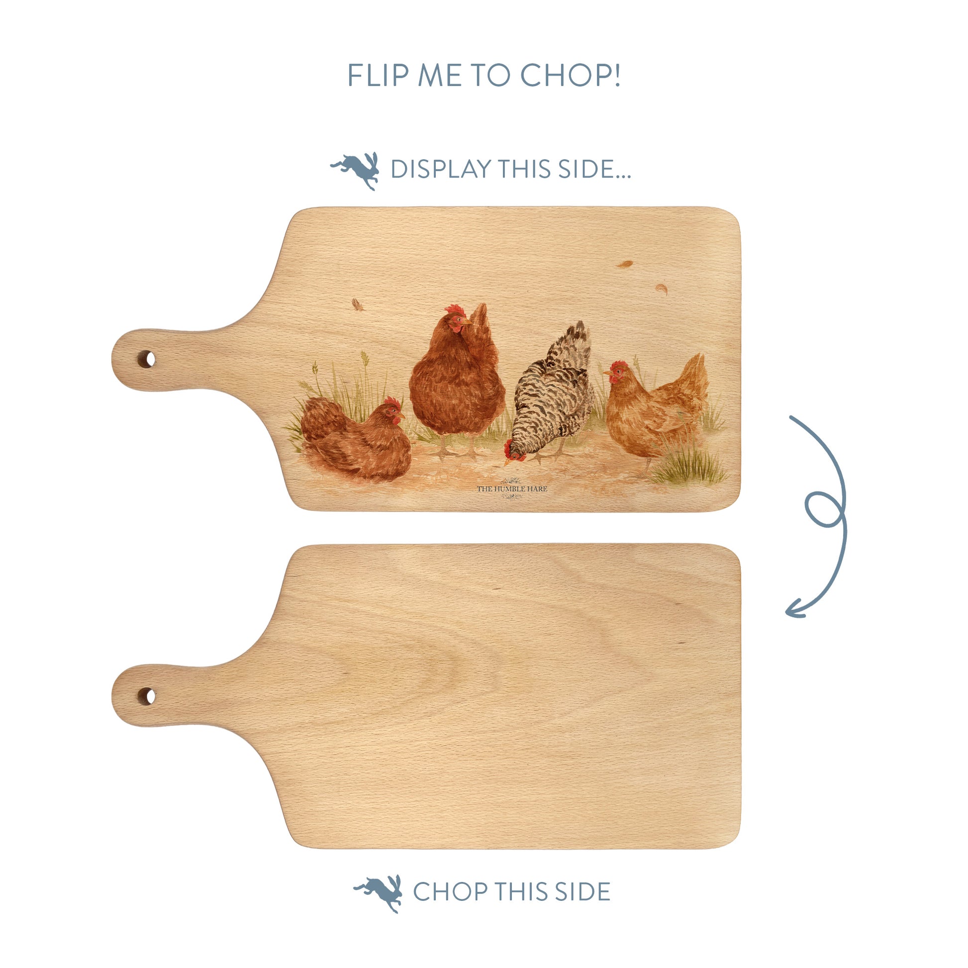 Handmade paddle board in Beech wood, featuring a water colour Hen design with a hand tied luxury blue ribbon. perfect chopping board, charcuterie board, serving board and chopping board. 