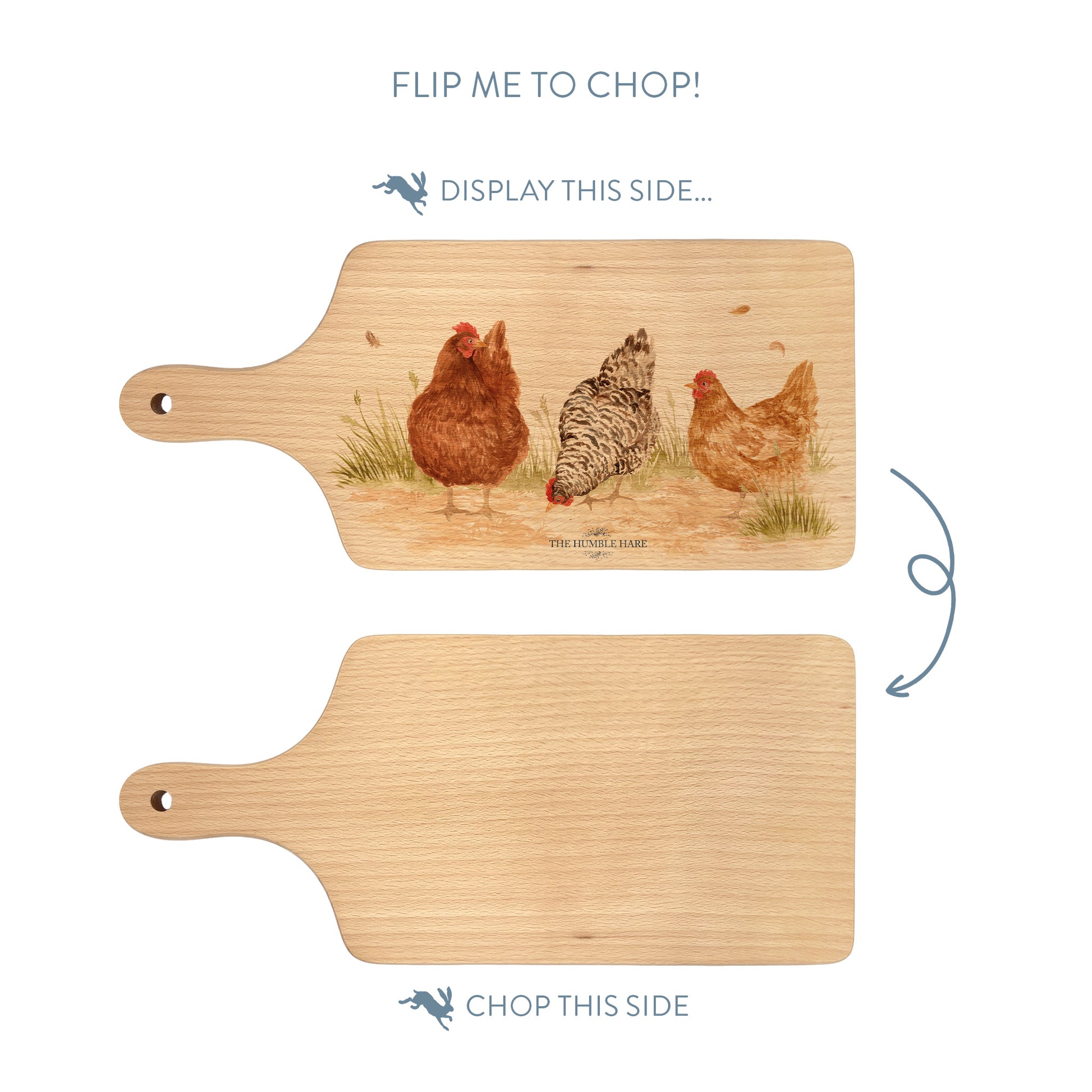 Handmade paddle board in Beech wood, featuring a water colour Hen design with a hand tied luxury blue ribbon. perfect chopping board, charcuterie board, serving board and chopping board. 