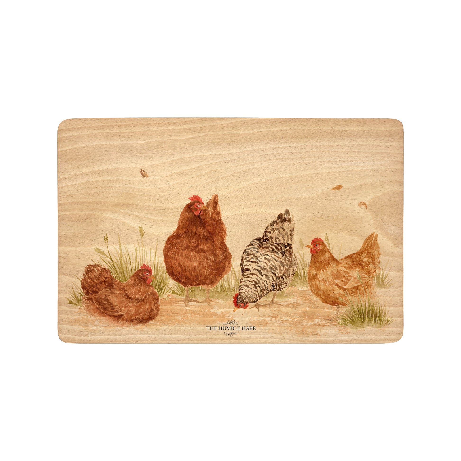 Handmade rectangular chopping board featuring a watercolour Stacey Solomon's Hens illustration, finished with blue ribbon.