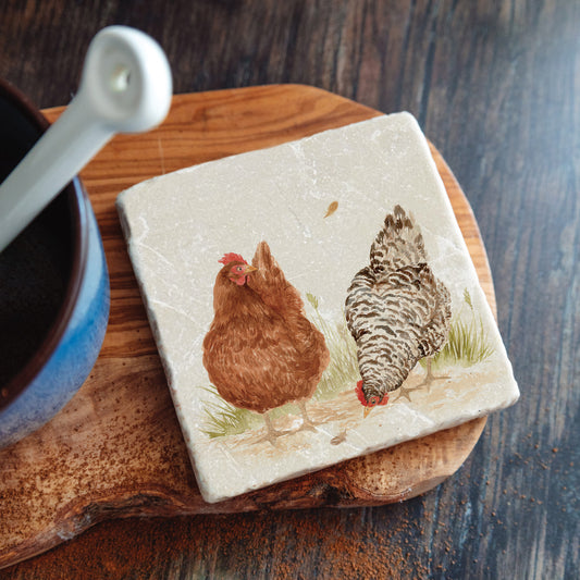 A square marble coaster featuring a watercolour design of two hens.