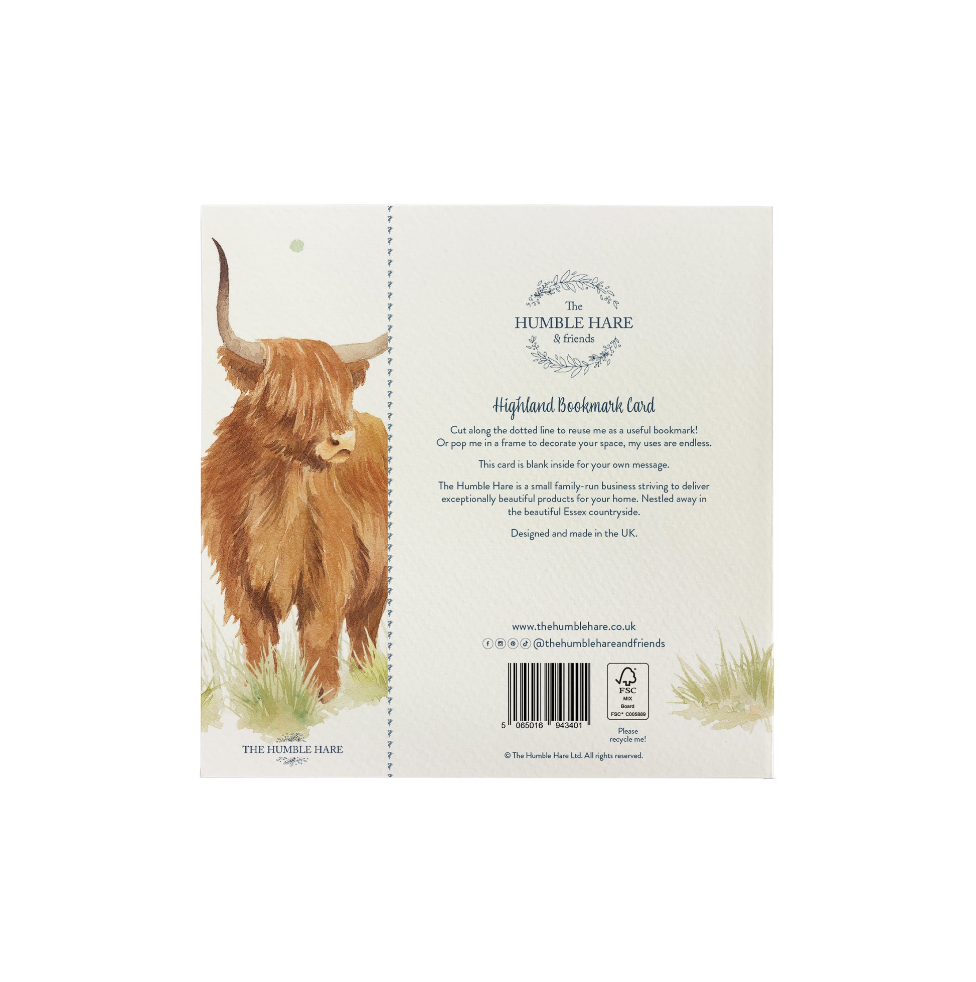 The back of a bookmark greetings card featuring a highland cow in a watercolour style. The back of the card shows The Humble Hare logo and that the card is FSC certified.