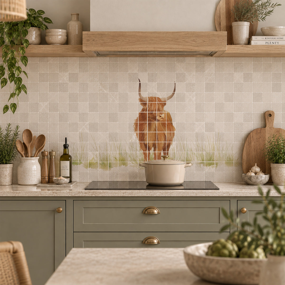 British countryside marble mural above a traditional range cooker, featuring a highland cow 