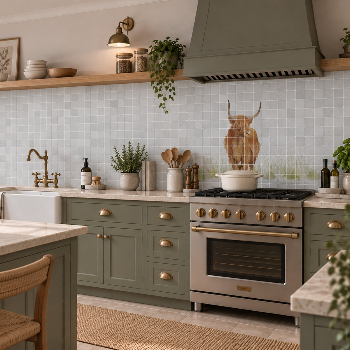 British countryside marble mural above a traditional range cooker, featuring a highland cow 