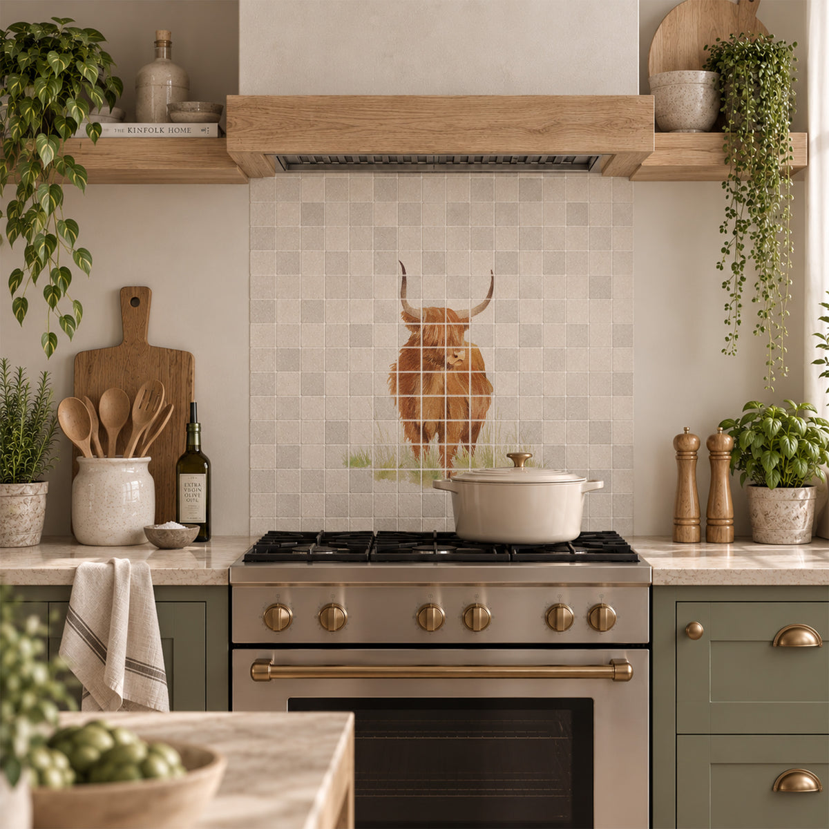 British countryside marble mural above a traditional range cooker, featuring a highland cow 