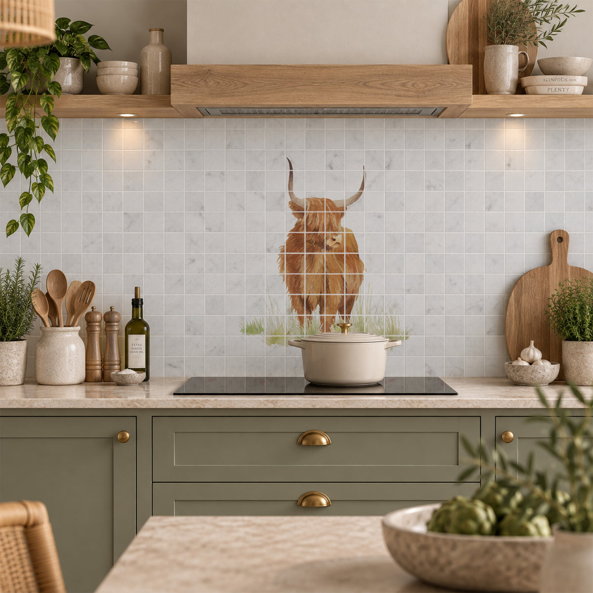 British countryside marble mural above a traditional range cooker, featuring a highland cow 