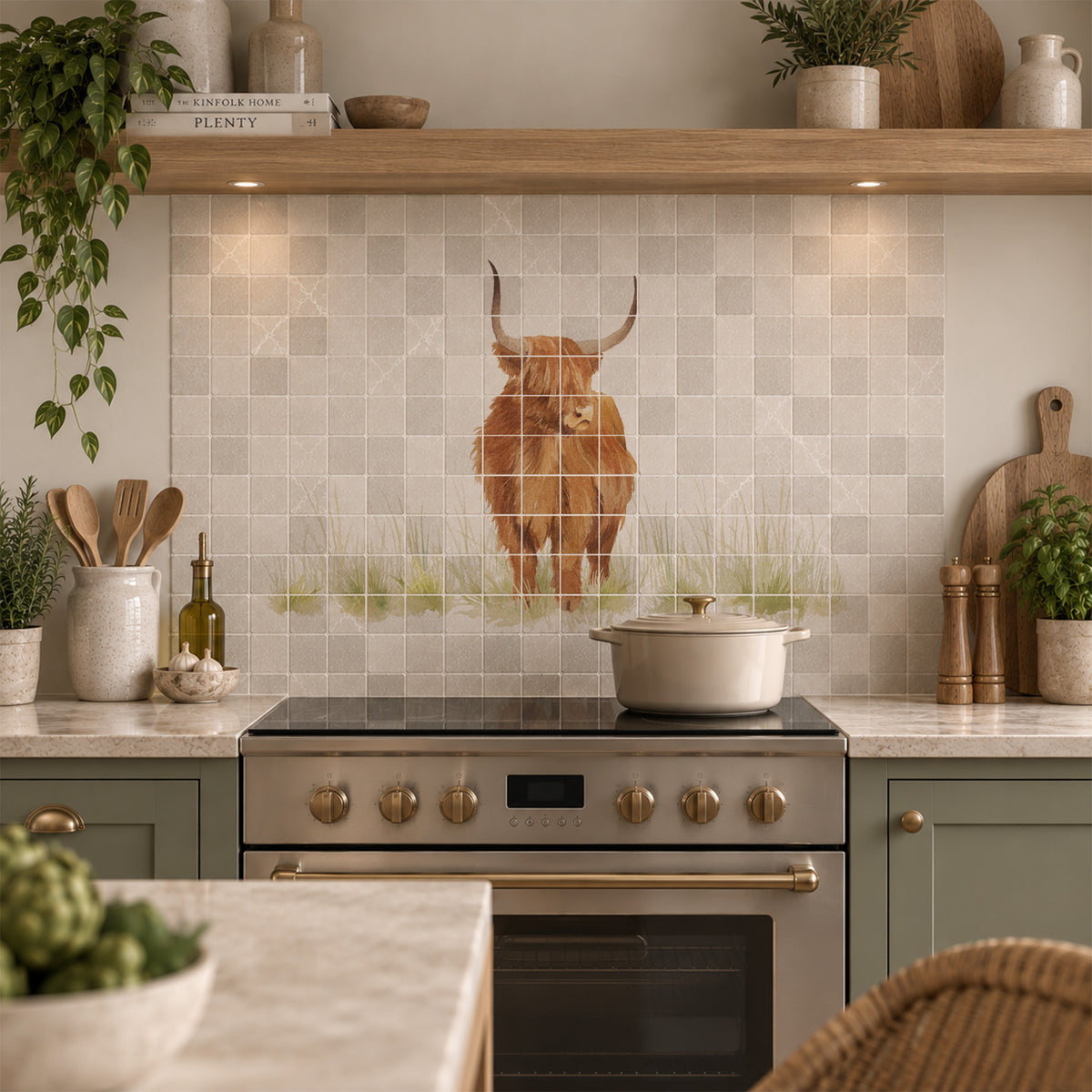 British countryside marble mural above a traditional range cooker, featuring a highland cow 