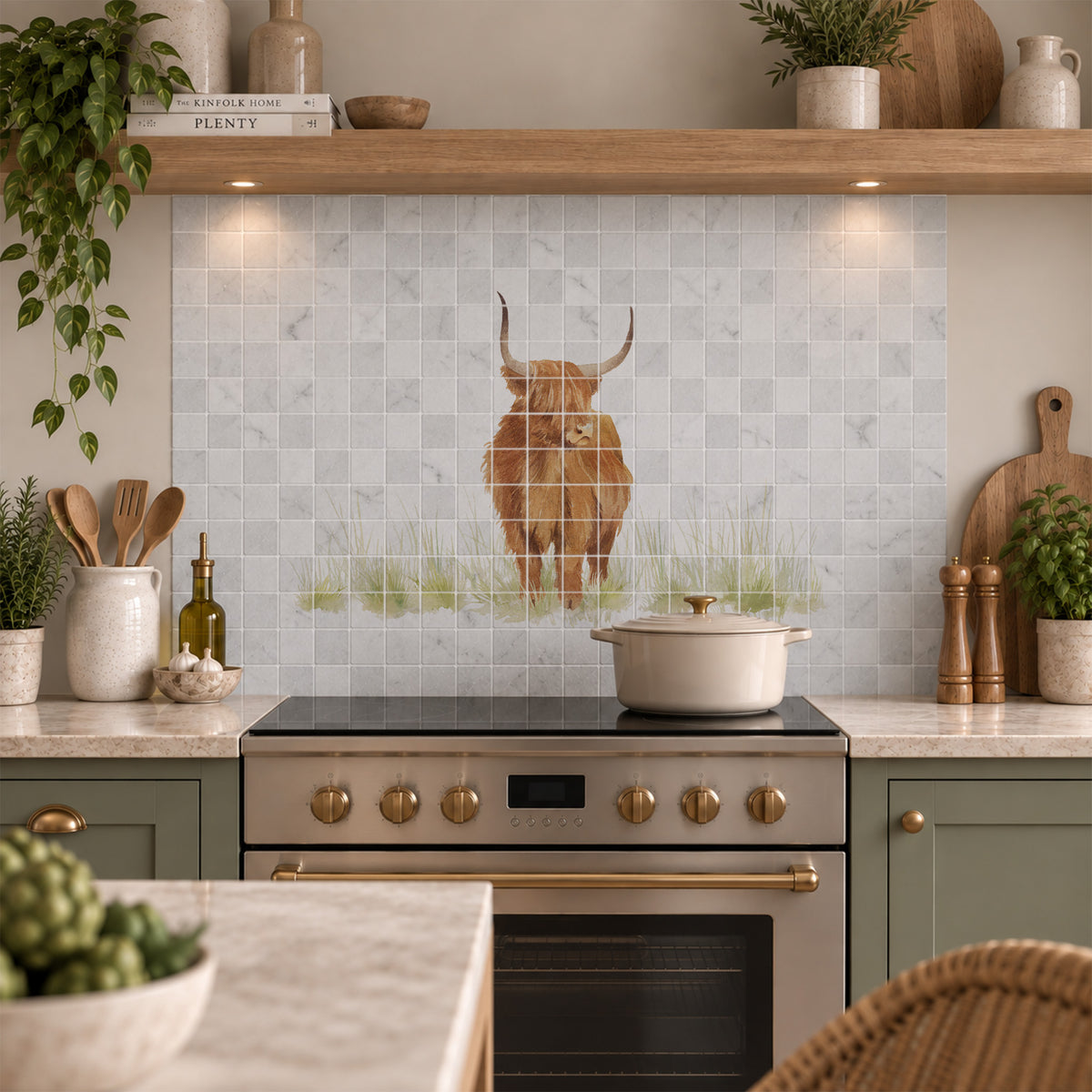 British countryside marble mural above a traditional range cooker, featuring a highland cow 