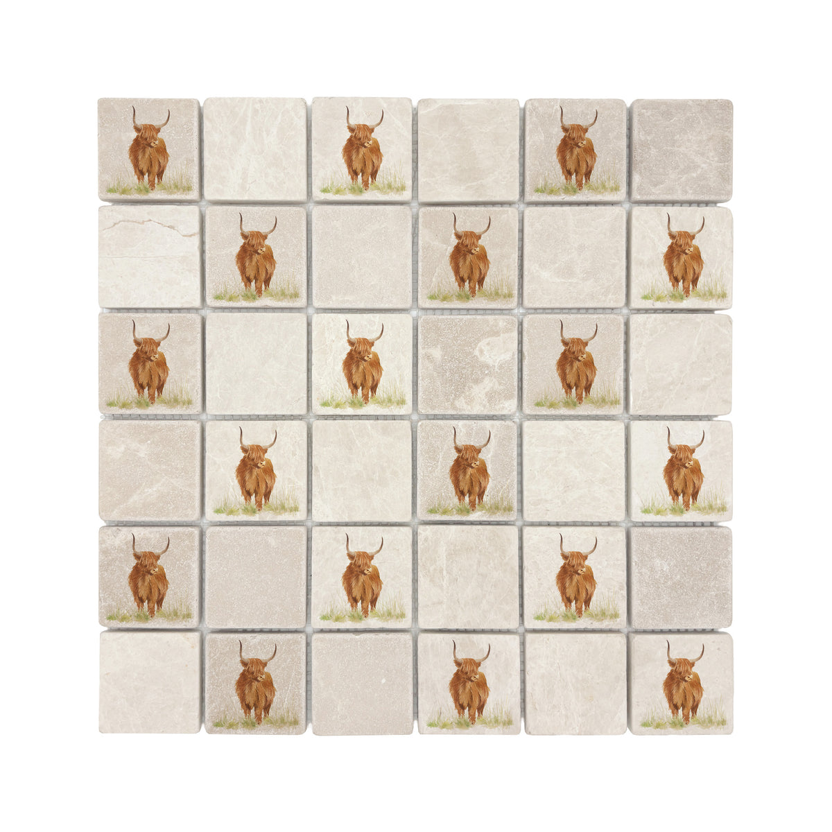 Mosaic splashback tile with a detailed watercolour Highland Cow portrait.