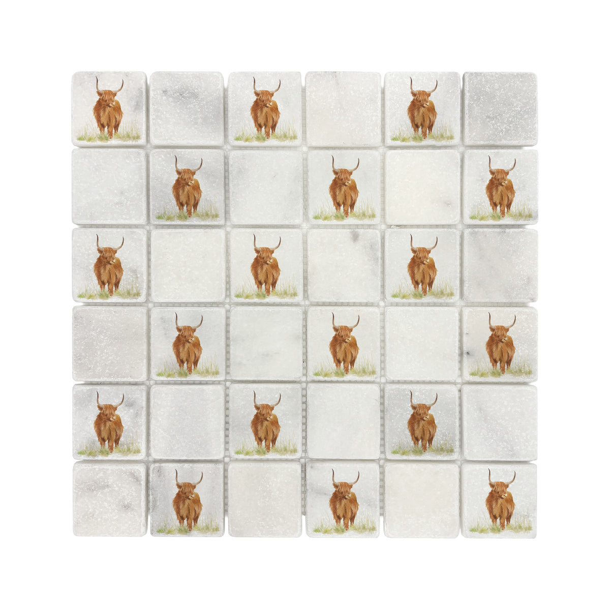 Mosaic splashback tile with a detailed watercolour Highland Cow portrait.