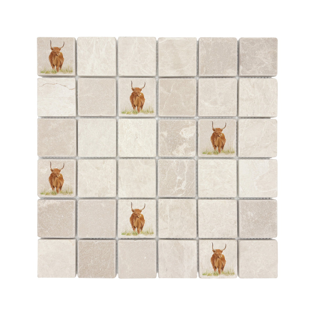 Mosaic splashback tile with a detailed watercolour Highland Cow portrait.