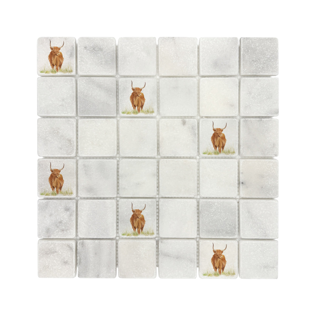 Mosaic splashback tile with a detailed watercolour Highland Cow portrait.