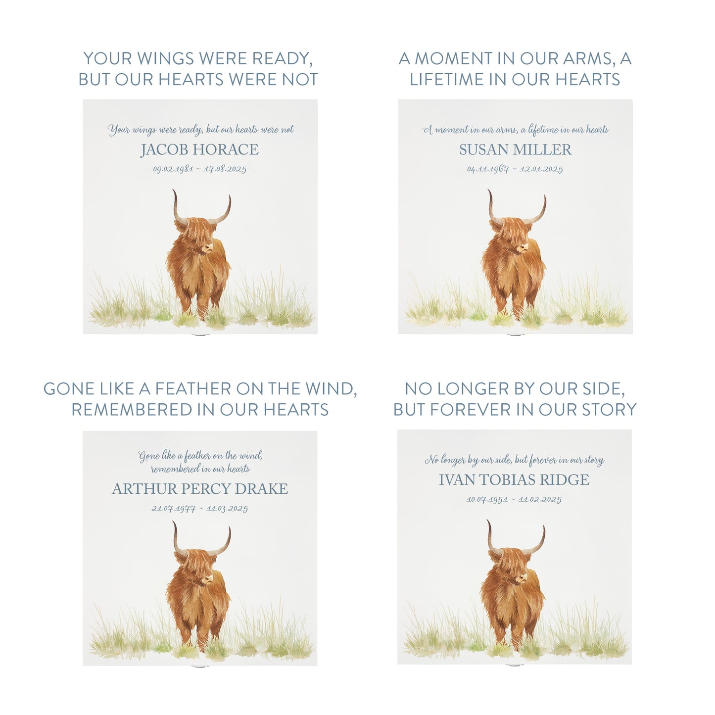 White Square personalised Wooden box with a decorative lid featuring illustrations of a highland cow in a field Perfect funeral memory keepsake box, for storing ashes, order of service, flowers and capturing your loved ones things in one place.