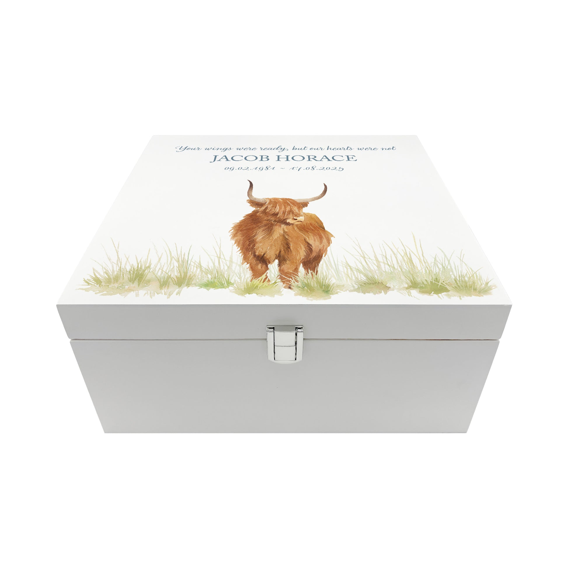 White Square personalised Wooden box with a decorative lid featuring illustrations of a highland cow in a field Perfect funeral memory keepsake box, for storing ashes, order of service, flowers and capturing your loved ones things in one place.