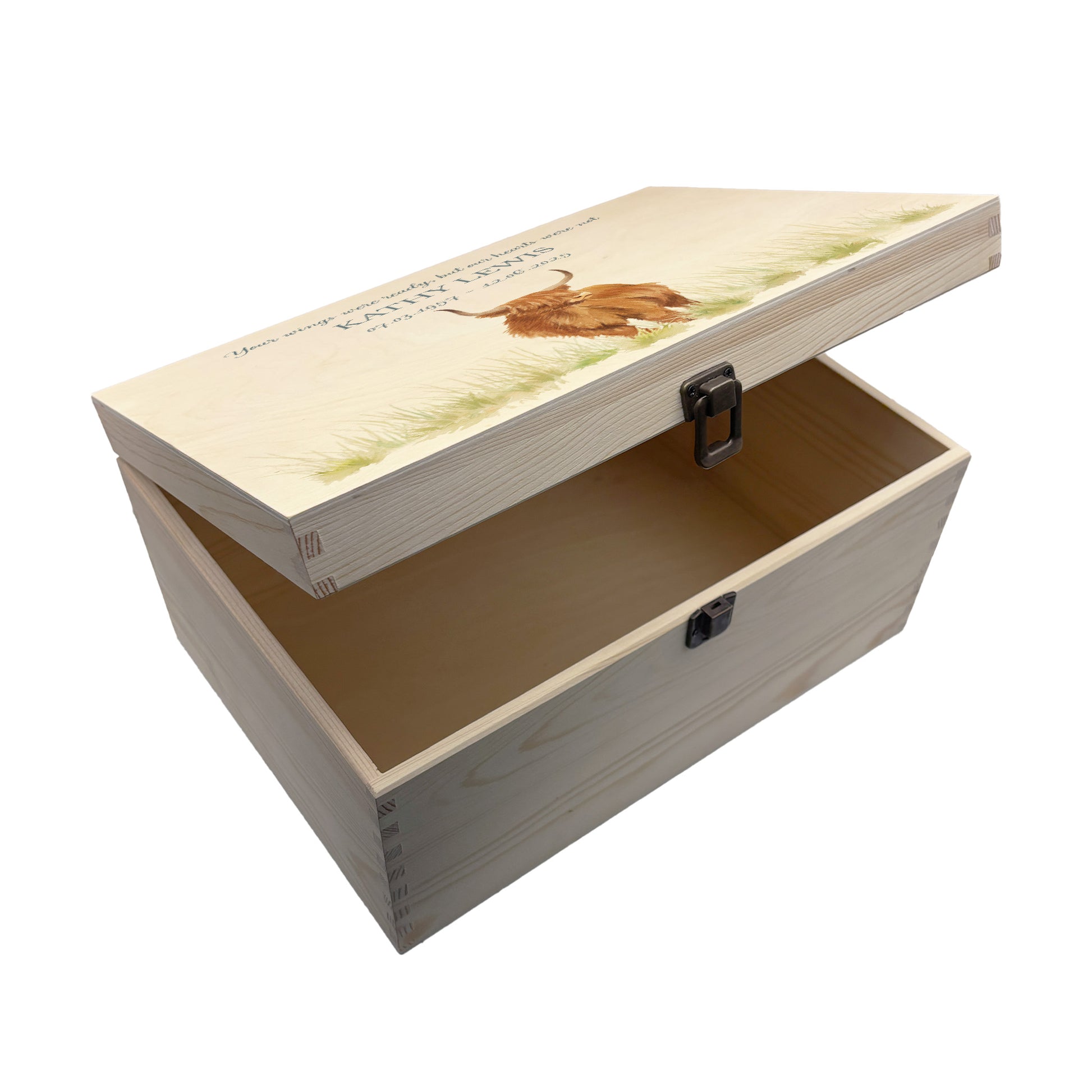 Wooden box with a lid featuring an illustration of a Highland Stag on a wooden background Perfect funeral memory keepsake box, for storing ashes, order of service, flowers, pictures.