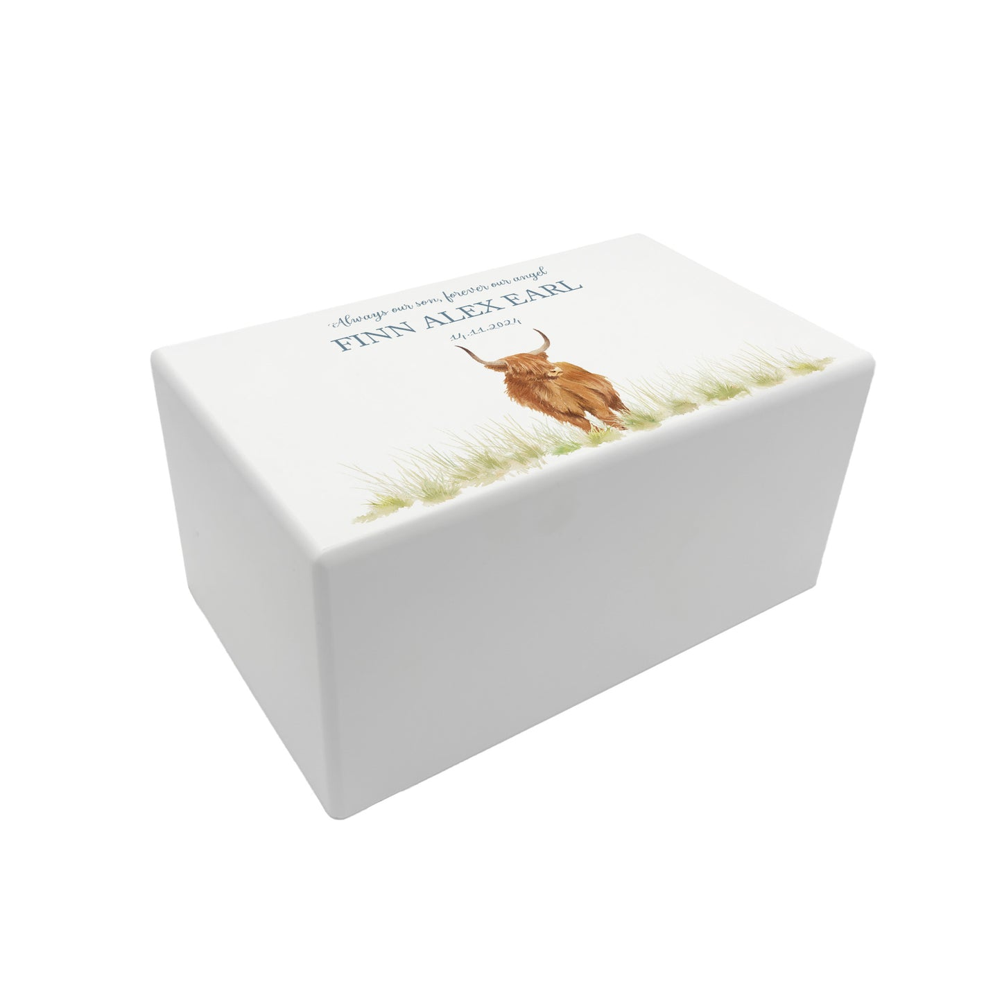 Luxury solid wooden white painted Urn featuring a Highland Cow. A watercolour illustration, our urns and Caskets for displaying or burying ashes. Customisable and can be personalised. Perfect funeral memory keepsake urn, for storing ashes for humans and pets. 
