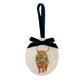 An oval marble Christmas ornament featuring a Highland cow wearing a green wreath, with personalised text reading 'Merry Christmas 2026' written below. The ornament has a dark blue velvet ribbon and bow hanging loop at the top, set against a plain white background.