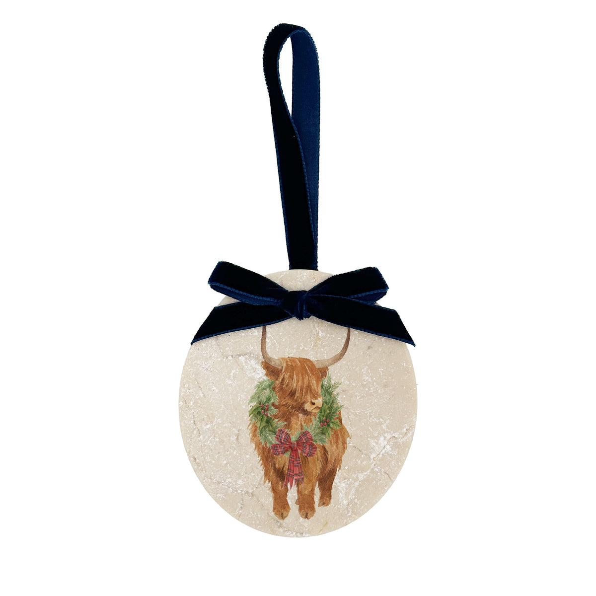 An oval marble Christmas ornament featuring a Highland cow wearing a green wreath, with personalised text reading 'Merry Christmas 2026' written below. The ornament has a dark blue velvet ribbon and bow hanging loop at the top, set against a plain white background.
