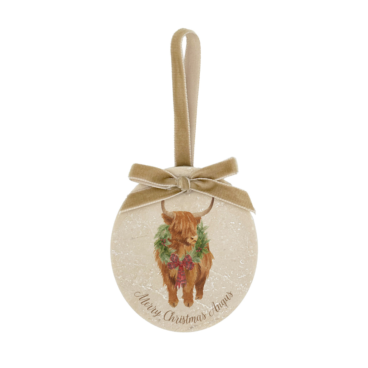 An oval marble Christmas ornament featuring a Highland cow wearing a green wreath, with personalised text reading 'Merry Christmas 2026' written below. The ornament has a gold velvet ribbon and bow hanging loop at the top, set against a plain white background.