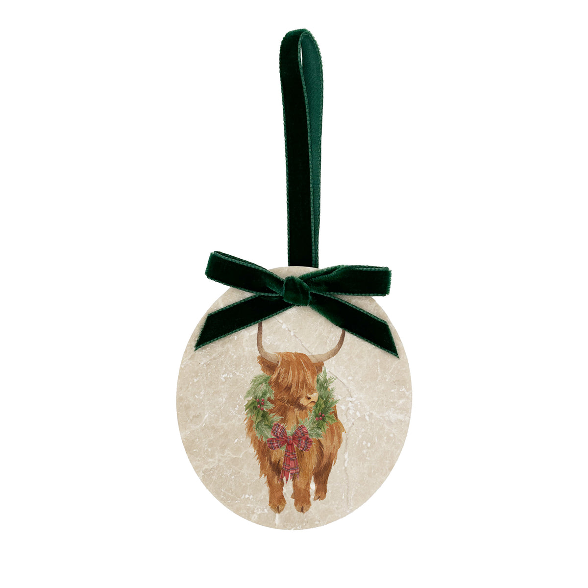 An oval marble Christmas ornament featuring a Highland cow wearing a green wreath, with personalised text reading 'Merry Christmas 2026' written below. The ornament has a dark green velvet ribbon and bow hanging loop at the top, set against a plain white background.