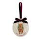 An oval marble Christmas ornament featuring a Highland cow wearing a green wreath, with personalised text reading 'Merry Christmas 2026' written below. The ornament has a dark burgundy velvet ribbon and bow hanging loop at the top, set against a plain white background.