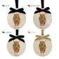 Four personalised oval Christmas ornaments shown in blue, burgundy, green, and gold ribbon options. Each ornament features an illustration of a Highland cow wearing a green wreath, and a personalised name at the bottom.