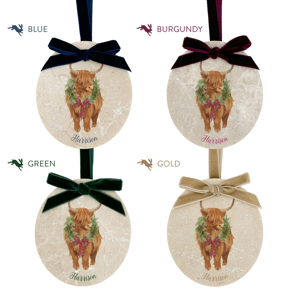 Four personalised oval Christmas ornaments shown in blue, burgundy, green, and gold ribbon options. Each ornament features an illustration of a Highland cow wearing a green wreath, and a personalised name at the bottom.