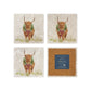 Set of four square marble coasters featuring a watercolour illustration of a Highland cow wearing a green wreath with red tartan bow. One coaster is flipped to show the back is covered with cork to protect furniture.