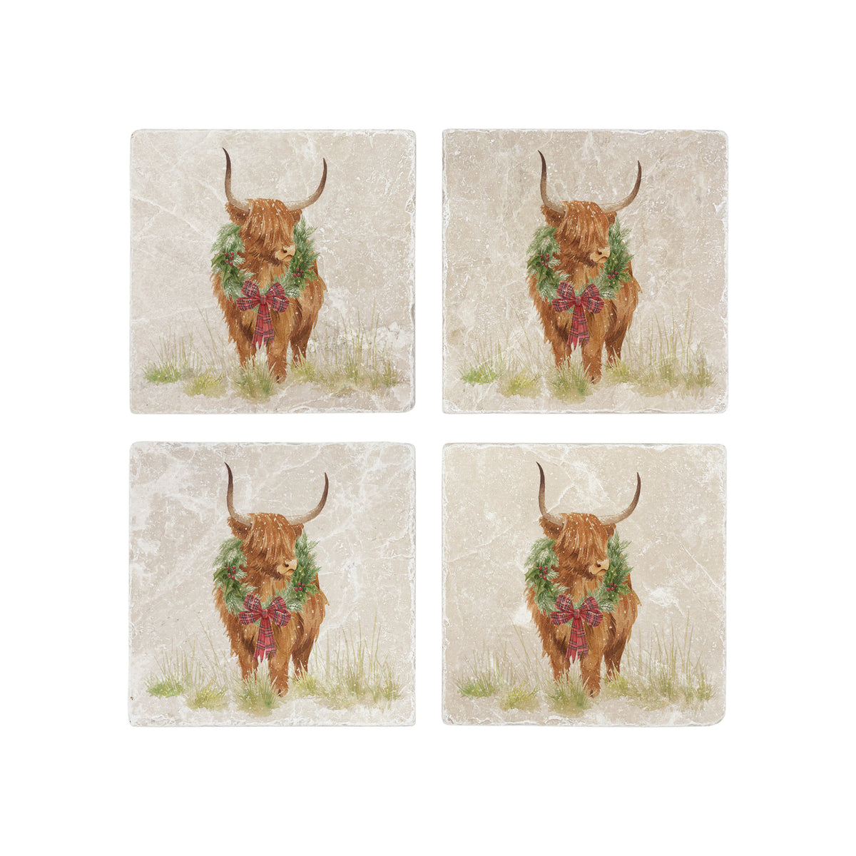 Set of four square marble coasters featuring a watercolour illustration of a Highland cow wearing a green wreath with red tartan bow.